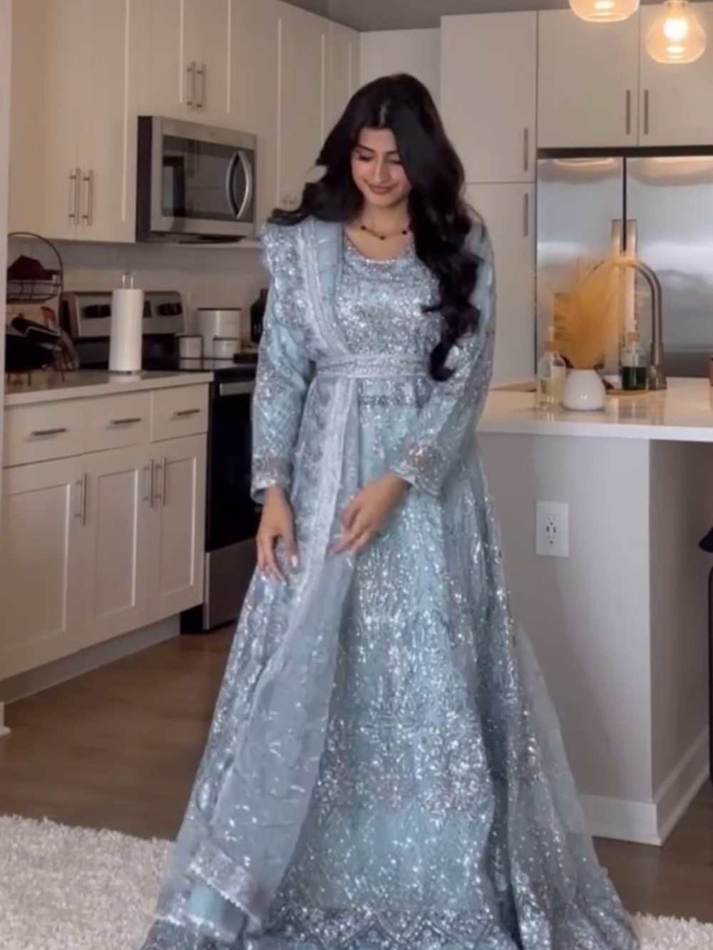 Silver-Blue Sequin Formal Gown with Matching Shawl
